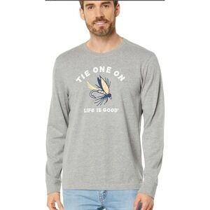 Life Is Good Mens Long Sleeve T Shirt Tie One On Fly Fishing Graphic Tee XL Grey